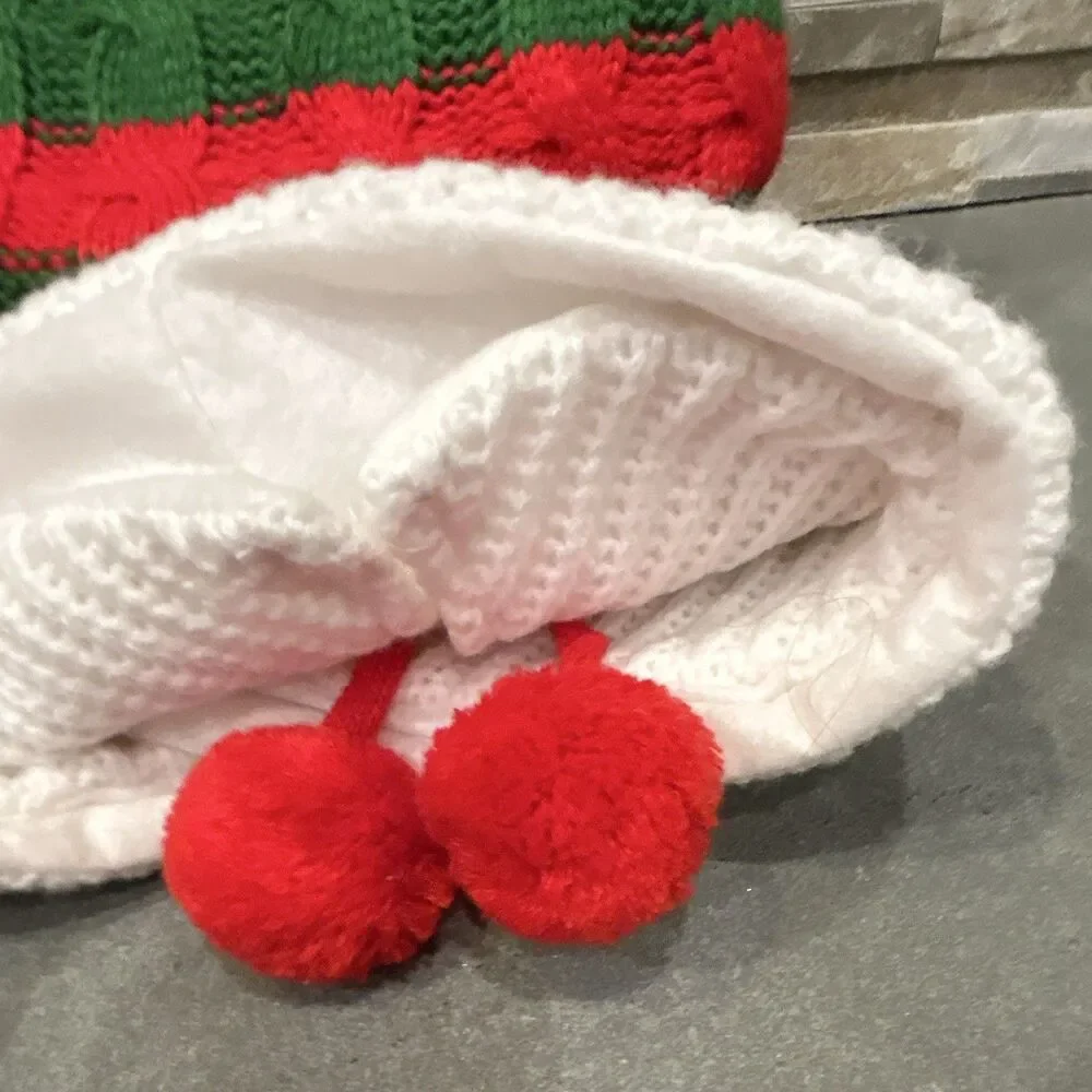 Ashland Christmas Tree Skirt Red Green White Striped Round 4 ft Pom Pom Trim